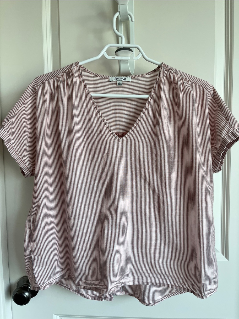 Madewell Blush Pink and White Striped V-Neck Short Sleeve Top
